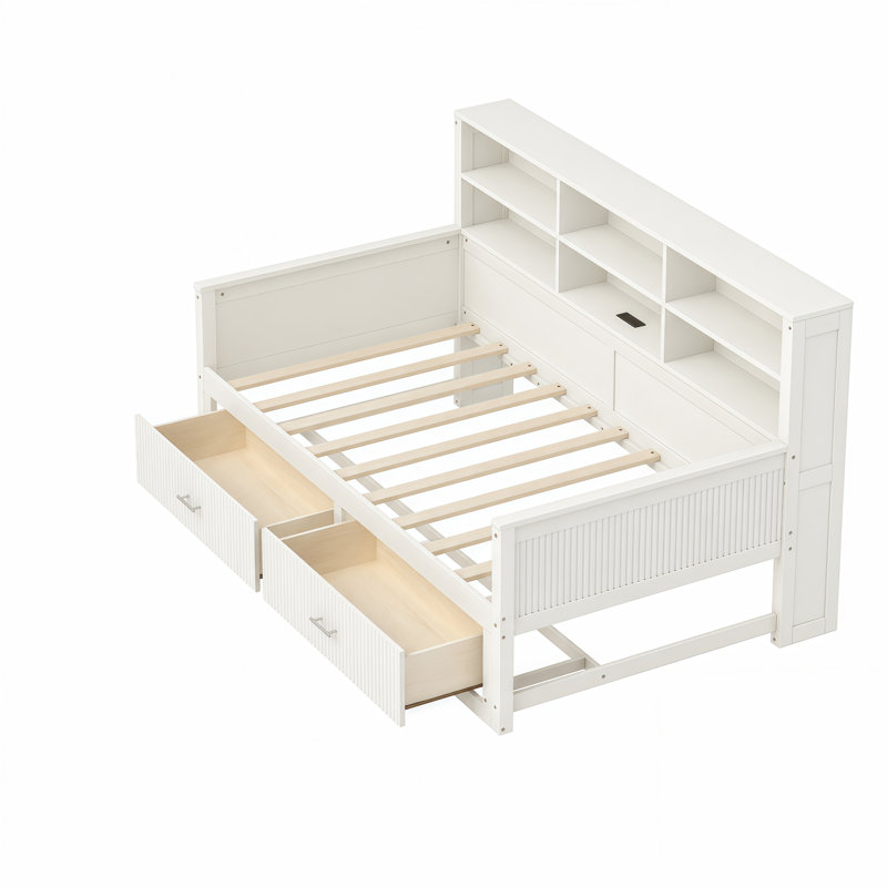 Lit de jour en bois pour une personne, avec panneau cannelé, 6 tablettes de rangement, 2 tiroirs, station de recharge, sommier à lattes, blanc