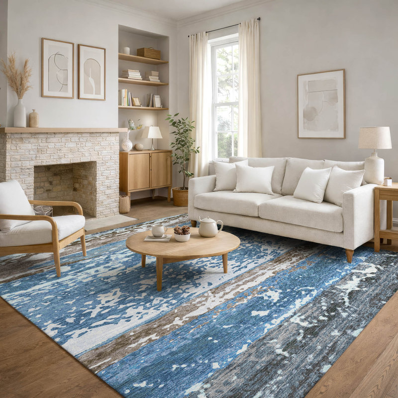 Tapis à rayures lavables à la machine de qualité supérieure Mayfield AMF2398, Bleu, 10 pi x 14 pi