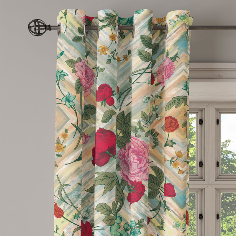 Bungalow Rose Flowers Grommet Curtain Victorian Floral Pattern Pink and Multicolor, 50" W 120" L