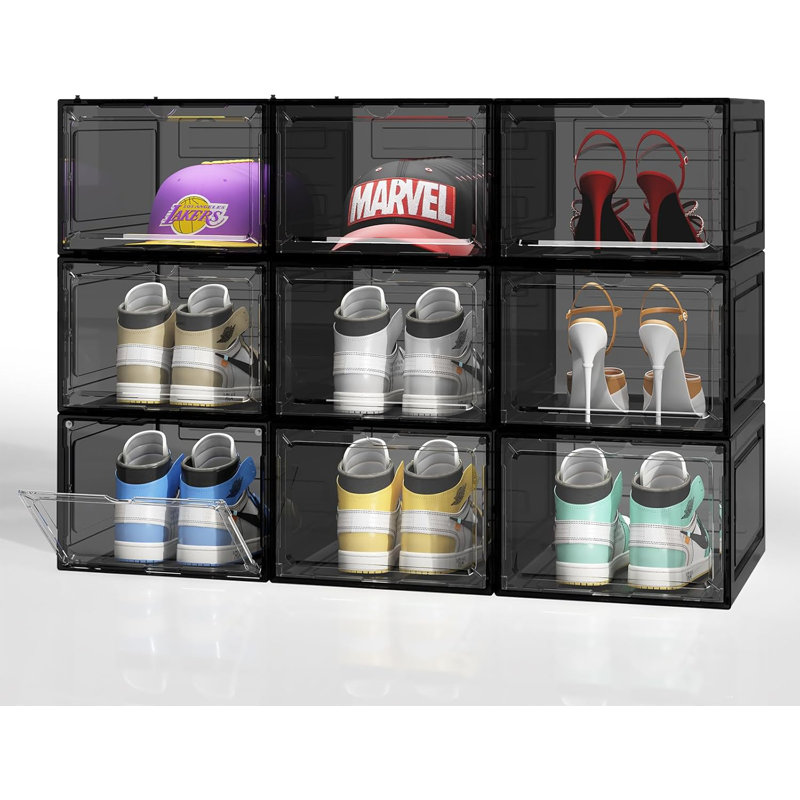 Upgraded Thickened Sturdy Large Shoe Boxes Clear Plastic Stackable 9 Pack Shoe Storage Organizer For Closet/Entryway, Drop Front Shoe Box With Magnetic Door, Shoe Display Case, Fit Up To US Size 14