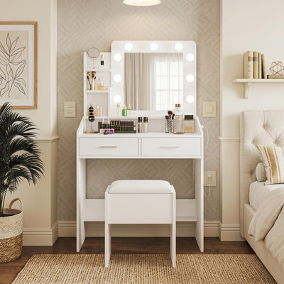 Vanity Table Set with Large Mirror and Cushioned Stool for Bedroom