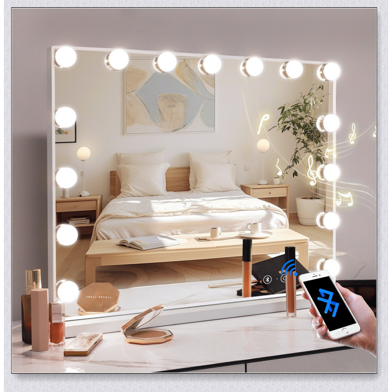 Miroir de salle de bain lumineux avec haut-parleur Bluetooth et 15 ampoules à DEL à intensité variable, 3 modes de couleur, port USB, 22,8 x 18,1 pouces
