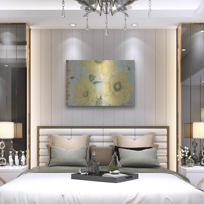 Art mural luxueux «Yellow Poppies On Aqua» par Jean Plout, 36 po x 24 po