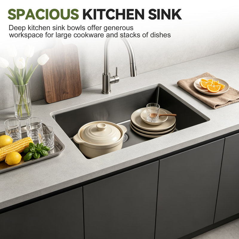 30"L × 19"W Undermout Stainless Steel Single Bowl Kitchen Sink, Black