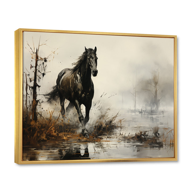 «Grey Horse Misty Morning Canter II», art mural cheval, H 12 po x l 20 po x P 1 po, Cadre flottant doré