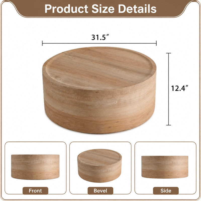 Table basse ronde avec finition grain de bois naturel, table d'appoint tambour moderne minimaliste