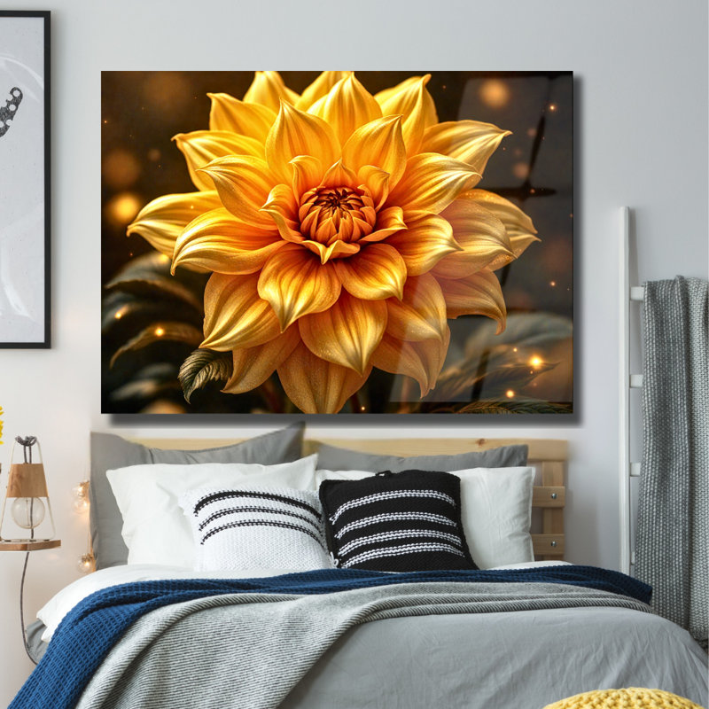 Tableau mural en verre trempé Fleur dorée, H 30 po x l 40 po
