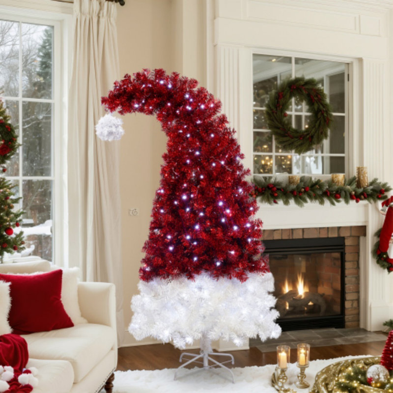Pre-Lit Artificial Christmas Tree - LED Santa Hat Design, 1050 Tips, Whimsical Curved Xmas Tree