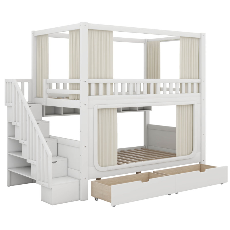 Lit superposé en bois avec escalier de rangement, tablettes de rangement, rideaux d'intimité, lumières DEL et tiroirs sous le lit