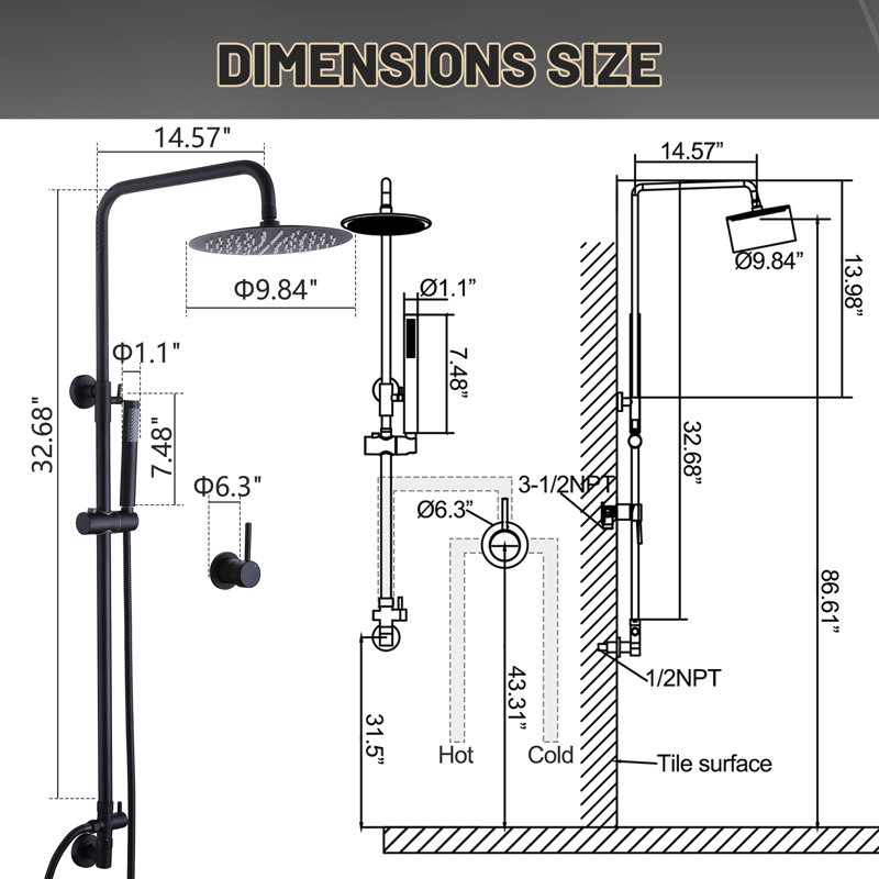 Matte Black Wall-Mounted Shower System with Handheld and Rain Options