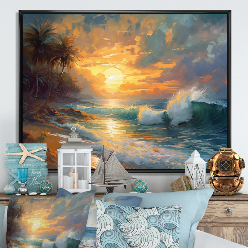 Jaune et bleu bord de mer sérénité - impressions sur toile de plage, H 12 po x l 20 po x P 1 po