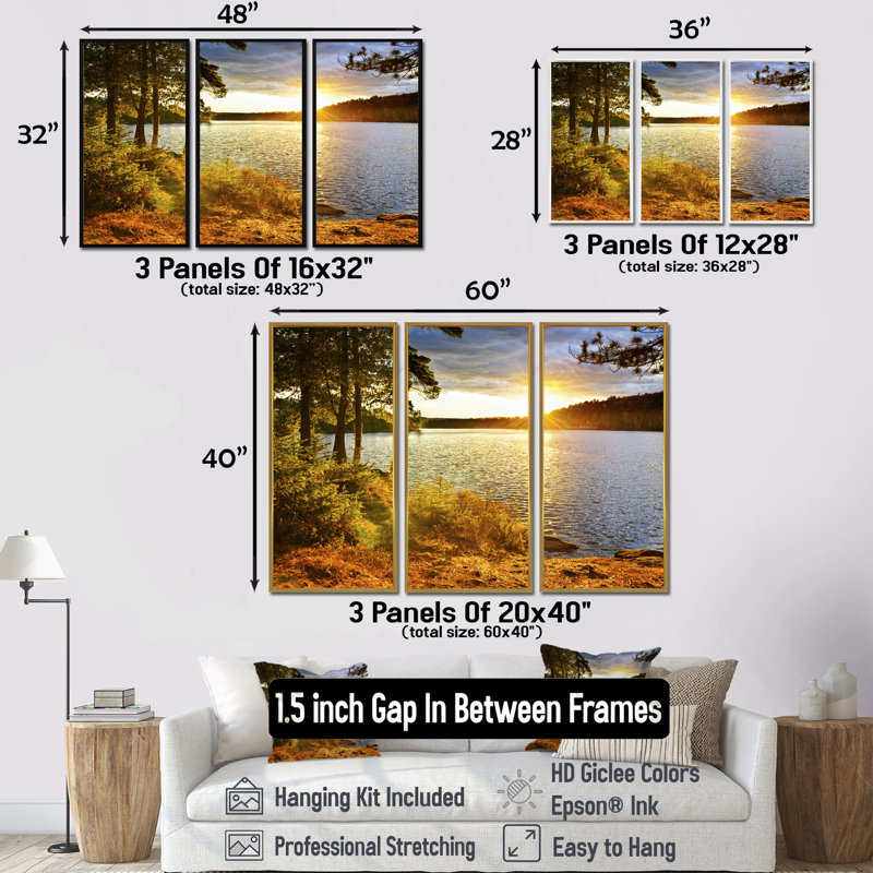 «Beautiful Winter Panorama - Landscape», ensemble de 3 toiles encadrées, H 28 po x l 36 po, Argent argent