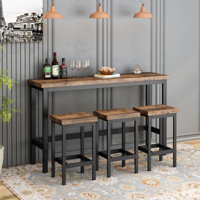 Table de salle à manger à hauteur de comptoir extra longue avec 3 tabourets, ensemble de table de pub avec repose-pieds, brun