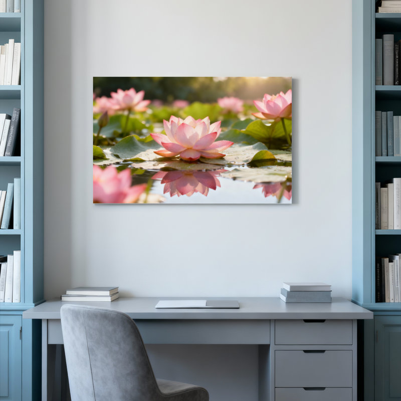 Ensemble de 1 tableau sur toile tendue représentant des fleurs de lotus roses sur l'eau, H 20 po x l 30 po