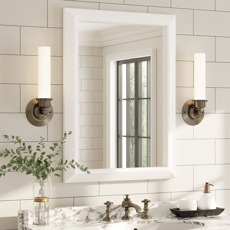 Amara Tempered Glass and Aluminum Alloy Framed French Cleat Mounted Wall Mirror, Matte White, 32" x 24"