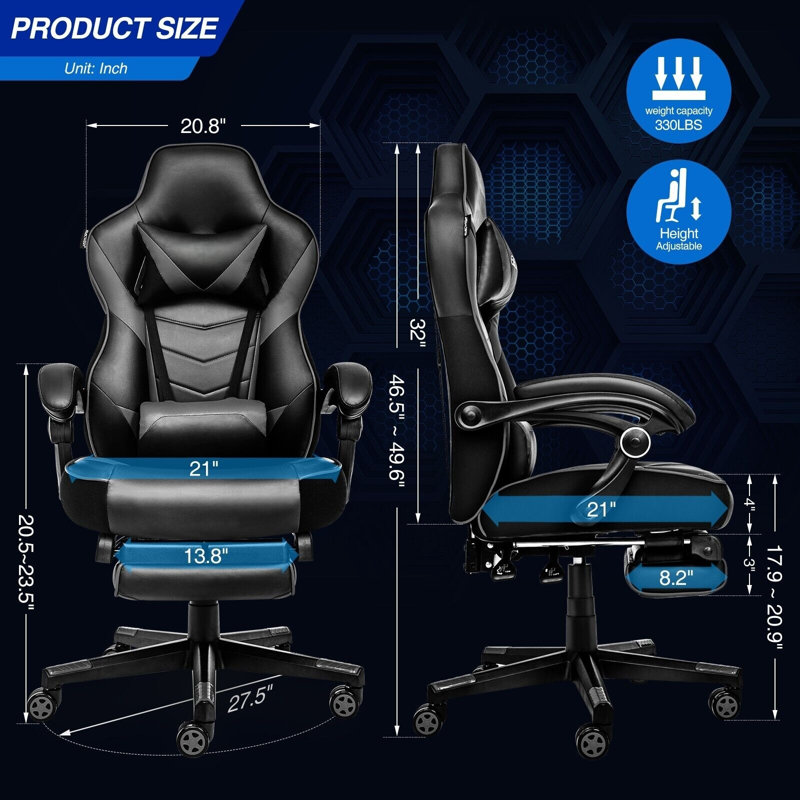 Fauteuil d'ordinateur ergonomique pour adultes à dossier haut avec repose-pieds et soutien lombaire, Noir / gris