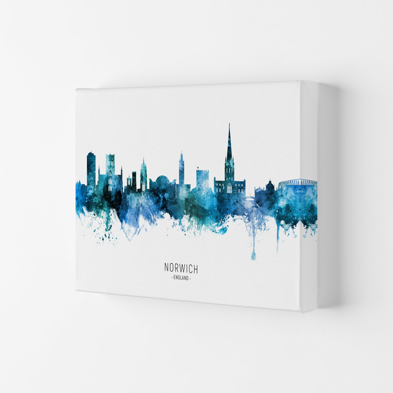 Norwich England Skyline Blue City Name by Michael Tompsett - Print, 21cm H x 29.7cm W x 4cm D, Wrapped Canvas
