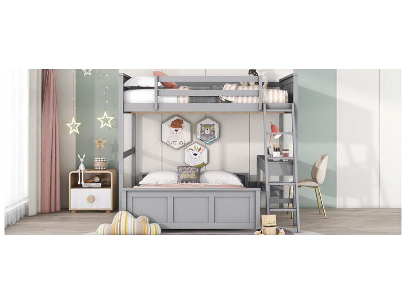 Lit superposé avec bureau, Gris, Double sur double