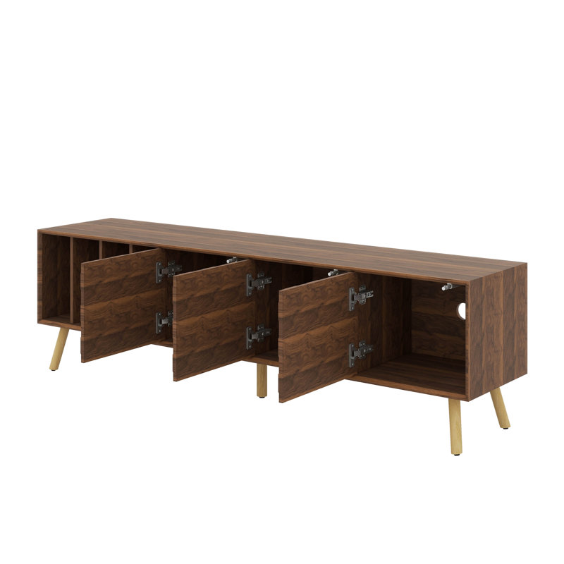 Meuble télé Mid-Century moderne avec 3 armoires et 4 espaces ouverts, centre de divertissement avec 5 pieds en bois massif
