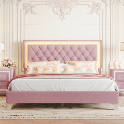 Queen Size Upholstered Bed Frame with LED Lights, Pink Velvet with Tufted Headboard