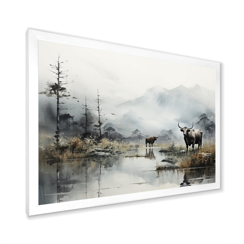 «Asian Art Cow Sumi» - reproduction d'art, H 34 po x l 44 po x P 1,5 po, Cadre photo blanc