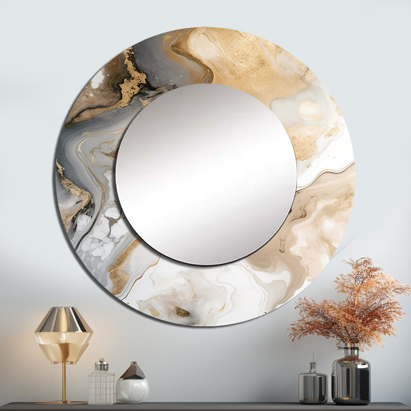 Prabhav or et gris un effet de marbre V - miroir mural décoratif, miroir rond moderne, impression d'art en métal
