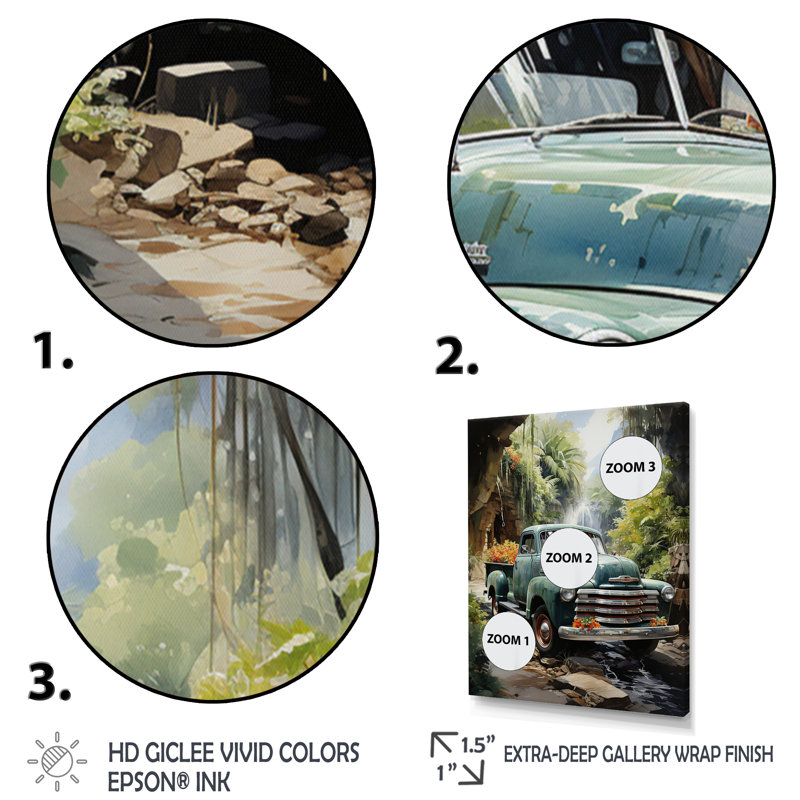 Kampou, camionnette verte Enchanting Waterfall III - impression, Cadre photo noir, H 32 po x l 24 po x P 1 po