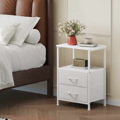  Petite table de chevet 2 tiroirs blanche, petite commode en tissu avec tablette ouverte pour la chambre à coucher