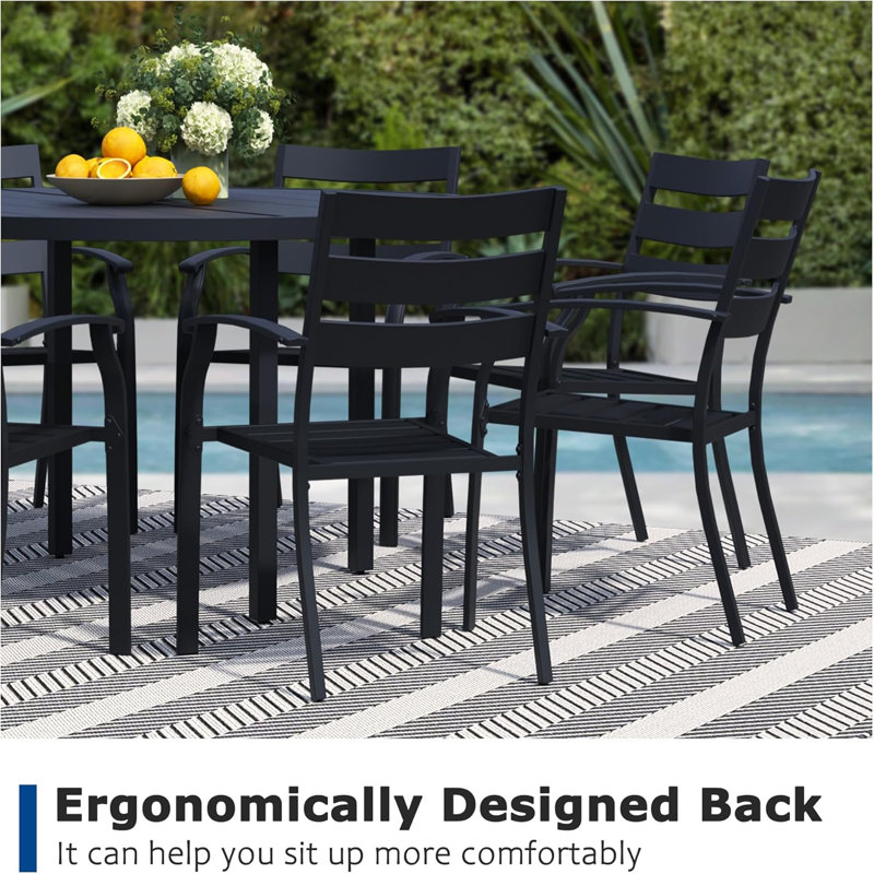 9 Pieces Outdoor Dining Set For 8, 60" Black Metal Round Outdoor Dining Table And 8 Black Metal Stackable Patio Chairs With Arm, Patio Table And Chairs Set For Lawn Garden Backyard