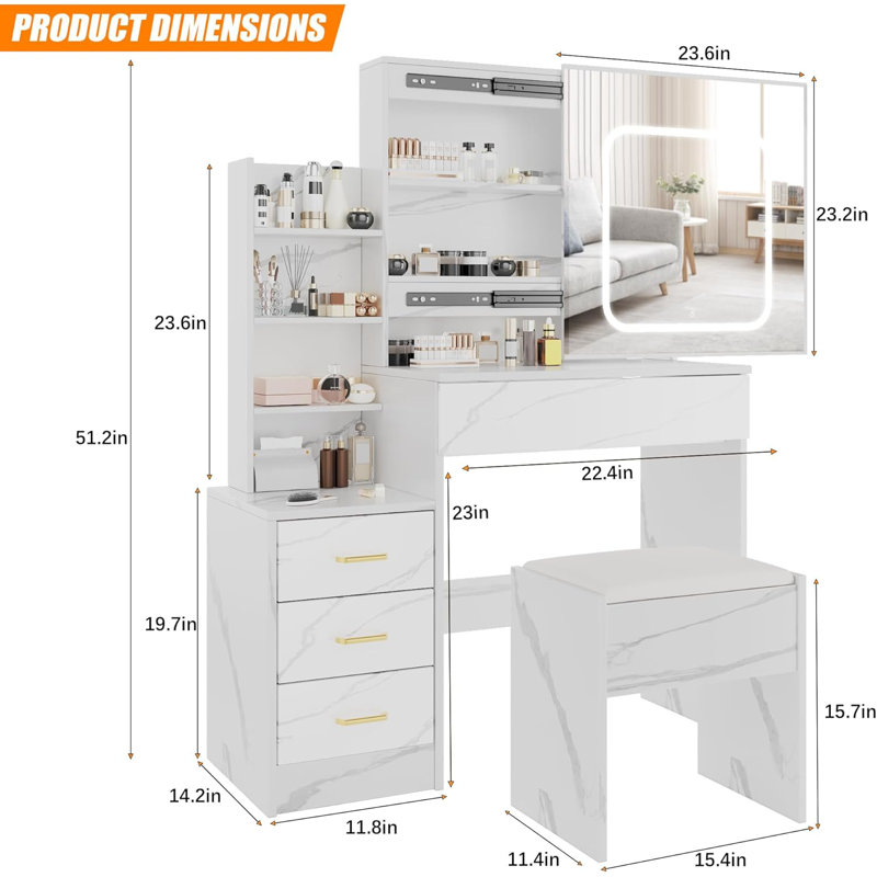 Vanity Desk with Mirror and LED Lights, Makeup Vanity Desk with Sliding Lighted Mirror, Dressing Table Set with Stool & 4 Drawers, Storage Shelves