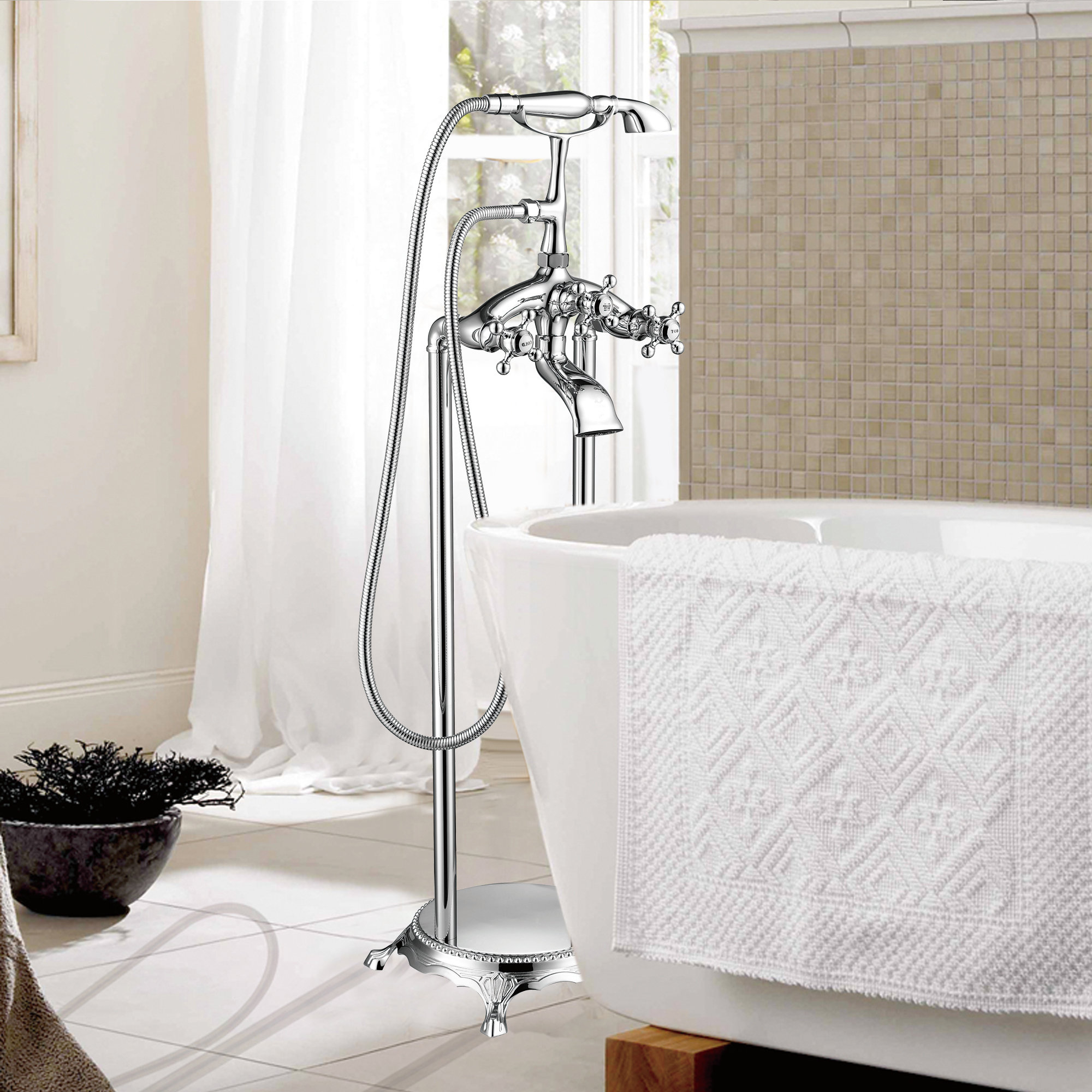 Floor Mounted Clawfoot Tub Faucet Trim, Polished Chrome