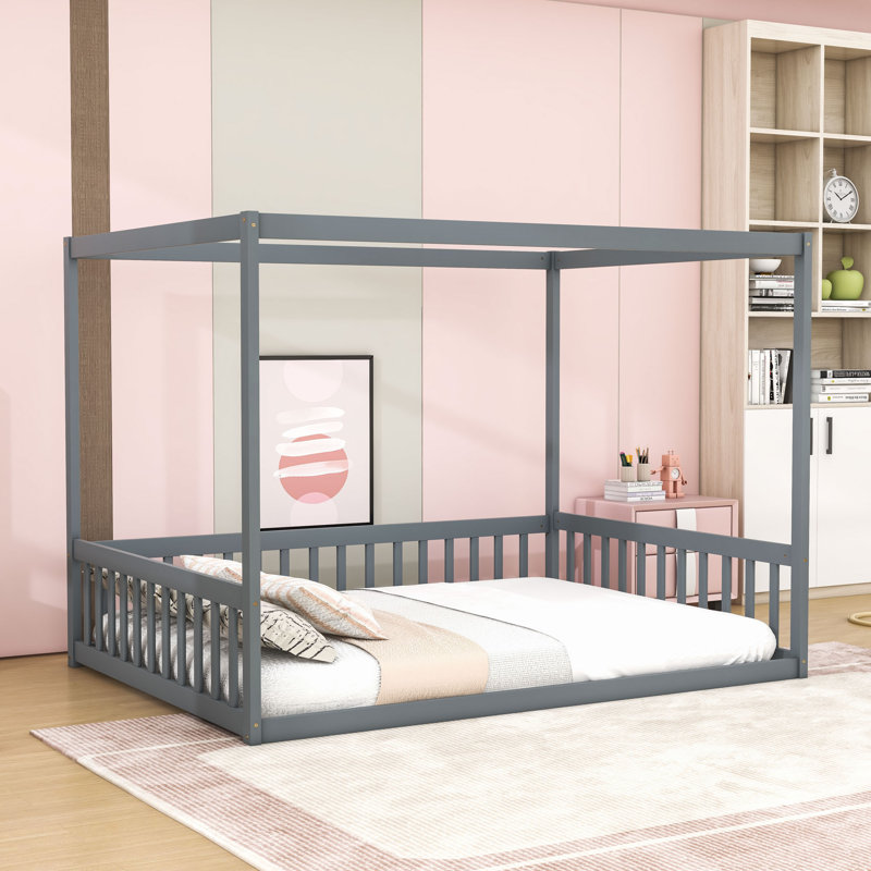 Canopy Floor Bed With Guardrails For Dreamy, Gray, Full
