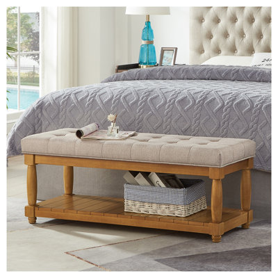 Banc rembourré en lin avec tablette de rangement, repose-pieds capitonné pour le vestibule ou la chambre à coucher, pieds en bois massif, finition espresso