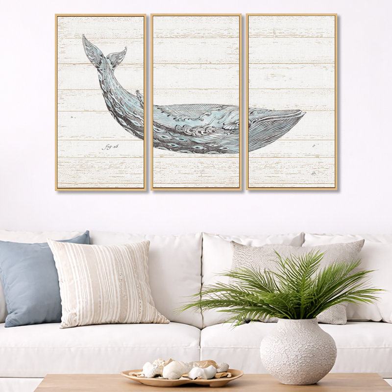 Aquarelle de baleine bleue - ensemble d'art mural encadré nautique et côtier sur 3
