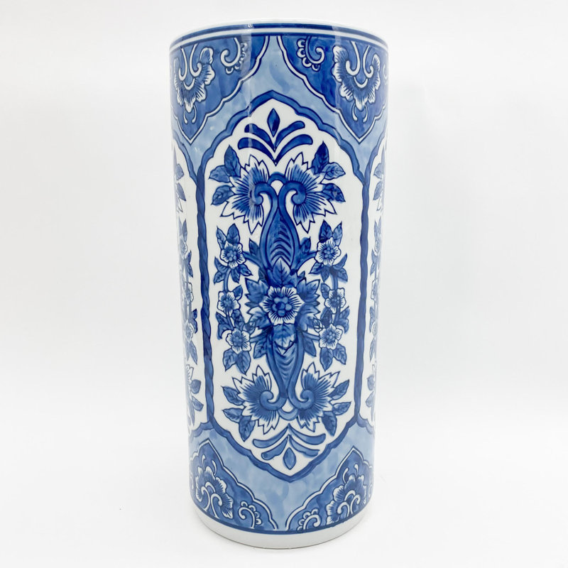 Abrahamic Ceramic Freestanding Umbrella Stand – Hand-Finished, Antique Look, Versatile Indoor or Outdoor Use, Blue