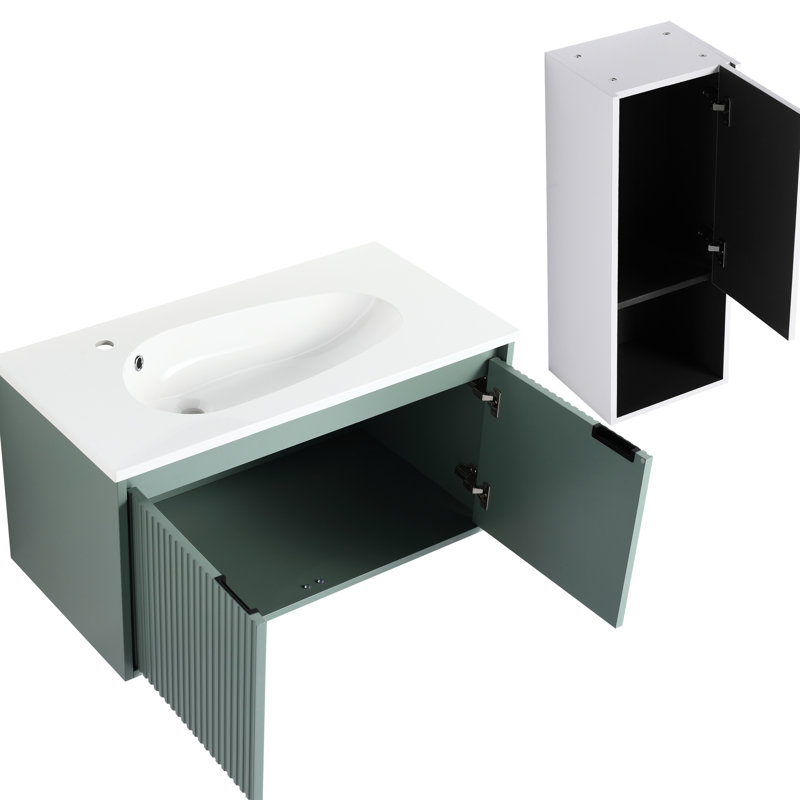 Meuble-lavabo suspendu de 91 cm (36 po) avec lavabo en résine et tiroir latéral, blanc, style moderne, placard en contreplaqué à fermeture amortie, construction