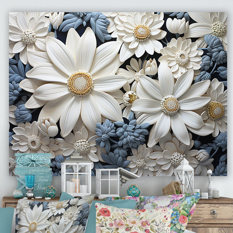 «White Daisy Meadow Elegance I», art mural encadré marguerites, L 32 po x H 24 po x P 1 po, Toile tendue