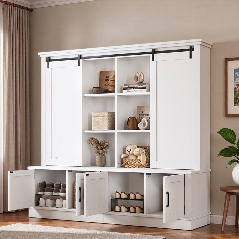 Multifunctional Hall Tree With Sliding Barn Door, Open Shelves And Storage Cabinets, White