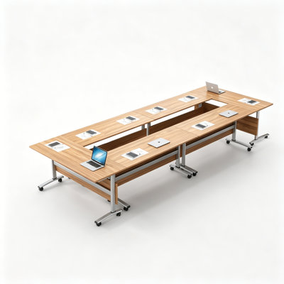 Ensemble moderne de 6 tables de conférence modulaires avec plateaux en bois et roulettes, grande table de réunion et de formation reconfigurable pour salles de conférence et espaces collaboratifs.