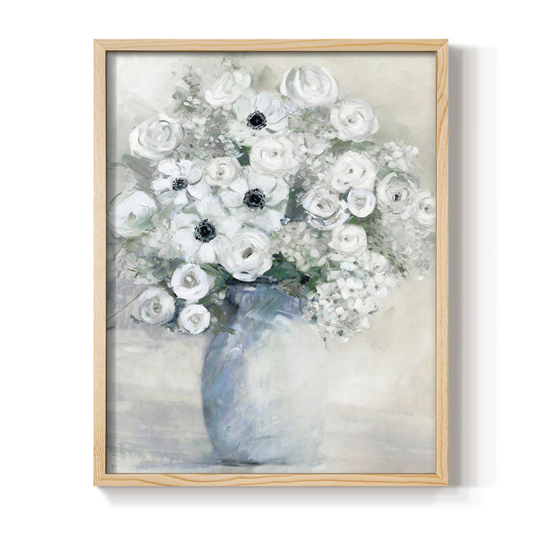 Reproduction encadrée de bouquet d'anémone blanche - bois massif, H 21 po x l 17 po