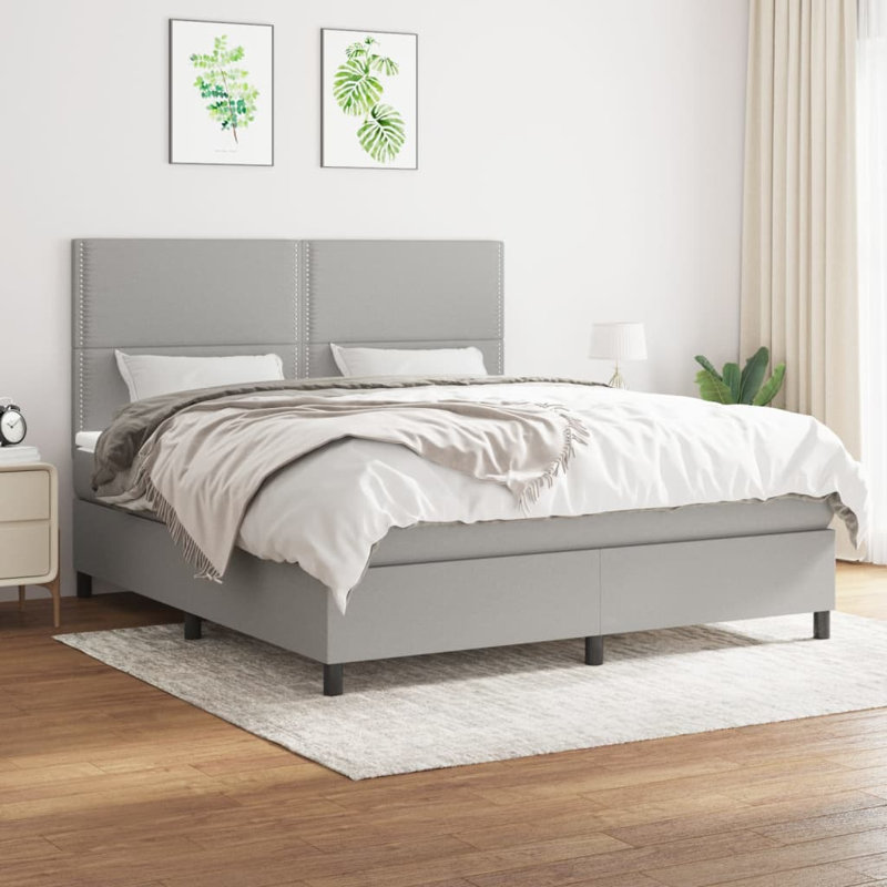 Lit à sommier tapissier avec matelas, Gris clair / noir, Tissu, Grand