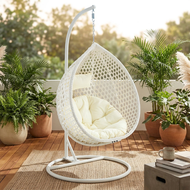 Fauteuil à œufs en osier avec support en C et support en C Chaviano Modern, Blanc