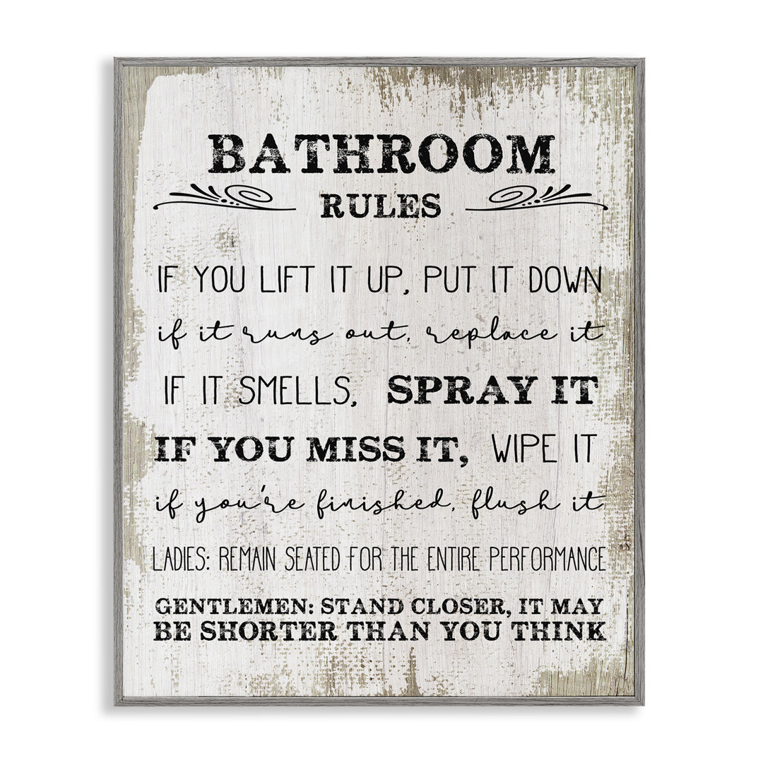 'Bathroom Rules Funny Word Wood Textured Design' Graphic Art on Canvas Winston Porter Frame 