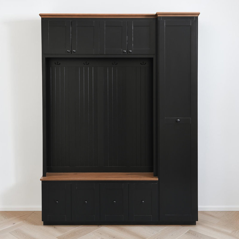 Hall Tree With Storage Bench, Coat Organization With Hooks, Tall Utility Cabinet, Modern Farmhouse, Entryway, Black