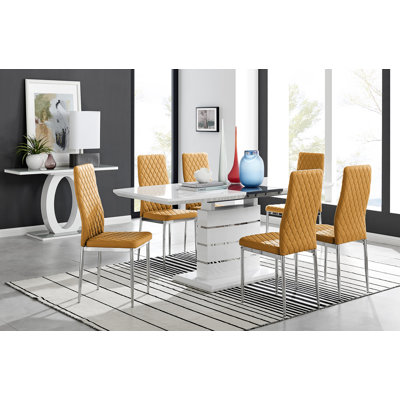 Renne Modern High Gloss Extendable Dining Table Set With 6 Quilted Faux Leather Dining Chairs