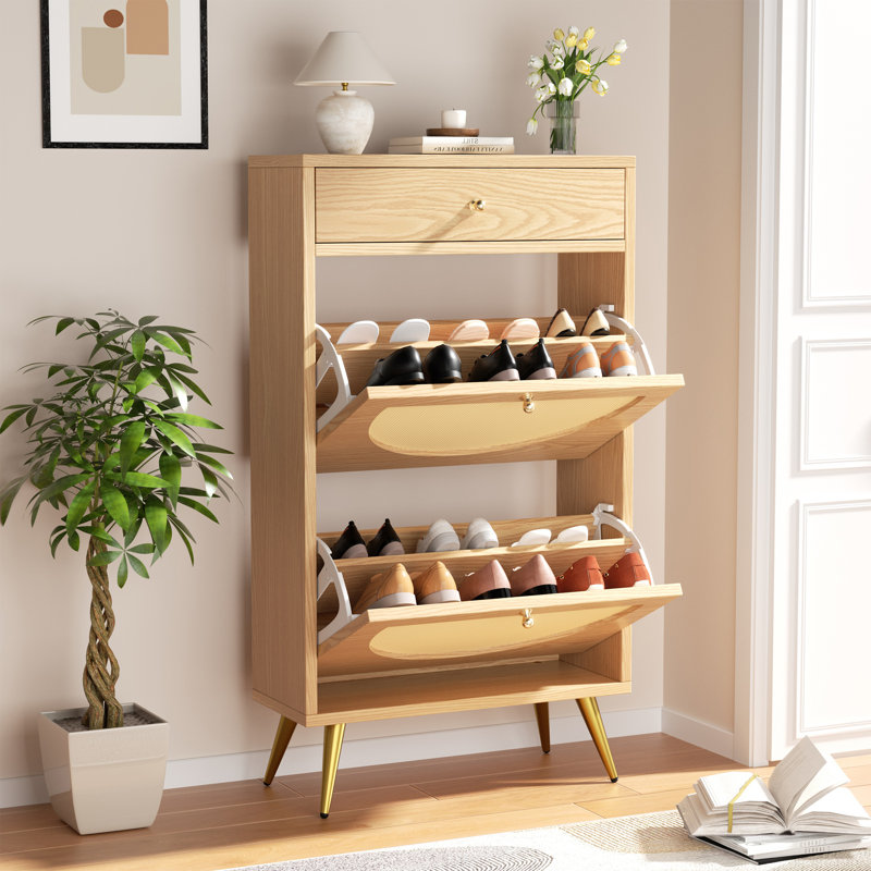 Armoire de rangement à chaussures en rotin avec tiroir, Naturel