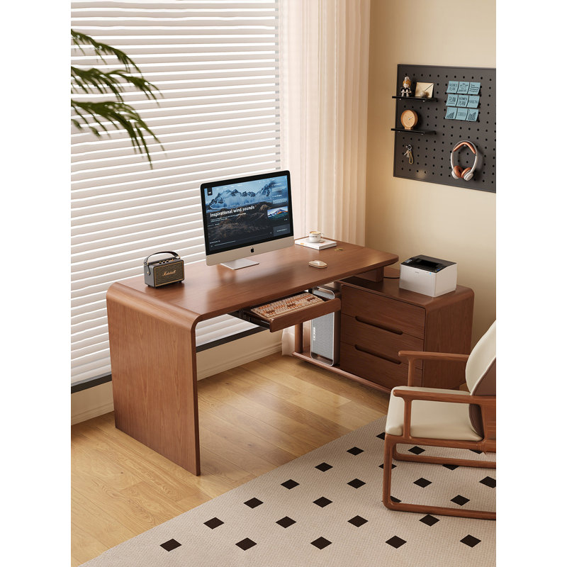Modern Minimalist Retractable L-shaped Desk&Office Desk, 29.53" H x 66.9" W x 53.43" D, Brown