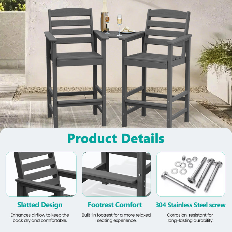Wolak HDPE Outdoor Tall  Adirondack Chair With Table, Gray