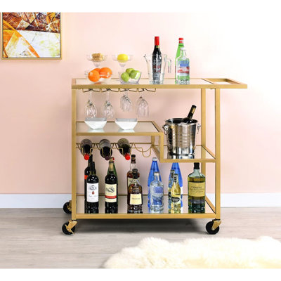 Chariot de service à champagne et miroir pour réceptions, étagères supérieures en miroir de 5 mm, structure en métal, porte-verres à vin, roulettes, 3 compartiments ouverts, capacité de charge de 32 kg, capacité de charge des étagères de 18 kg.