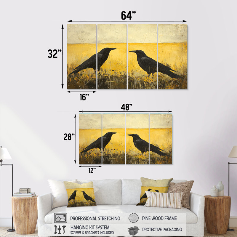 2 corbeaux au bord du champ II - art mural oiseau - décoration murale moderne, H 28 po x l 48 po